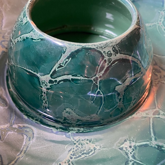 Vtg MCM green luster ceramic chip & dip plate - Picture 3 of 8